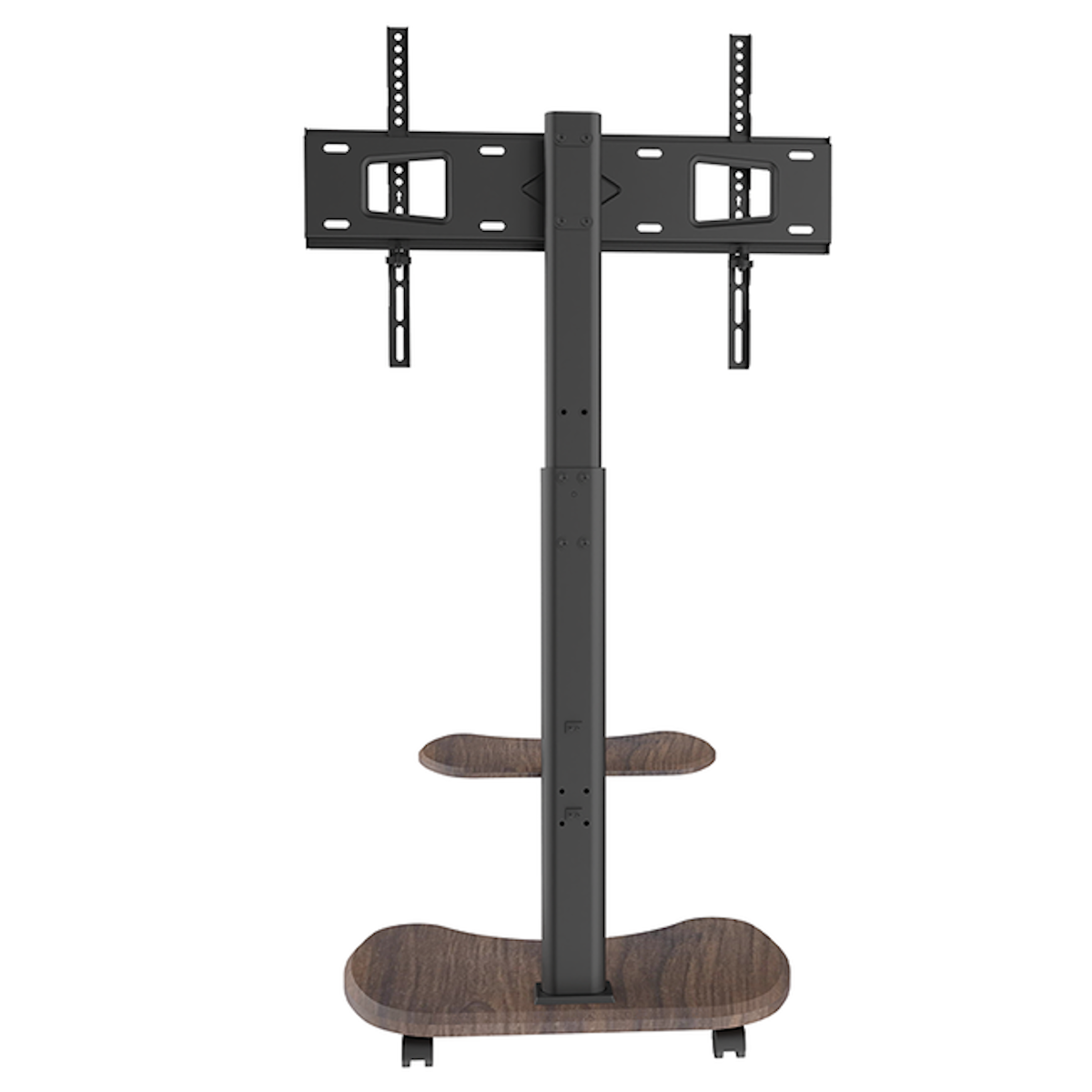 TV stand with a black pole, shelves and a wooden base with wheels.