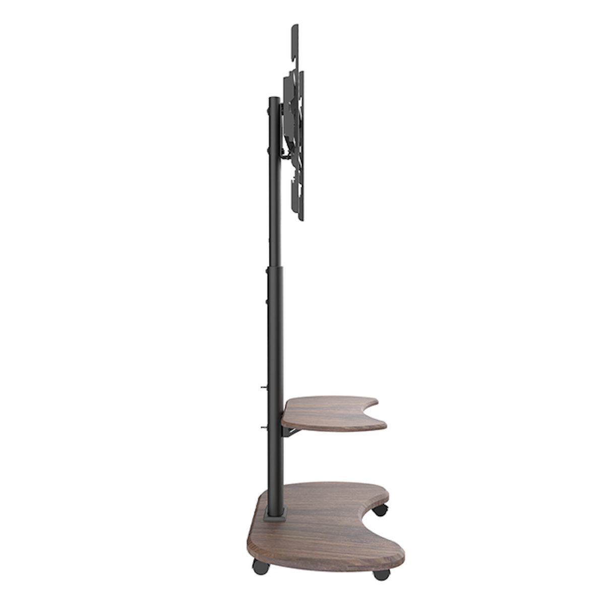 TV stand, side view, with shelves and wheels.