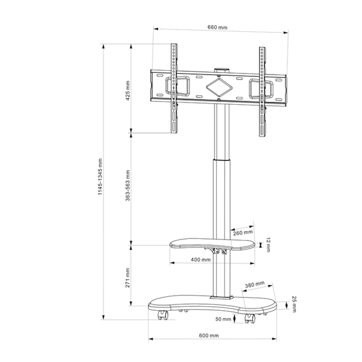 A black and white diagram of a TV stand with dimensions, with a base, pole, and TV mounting.