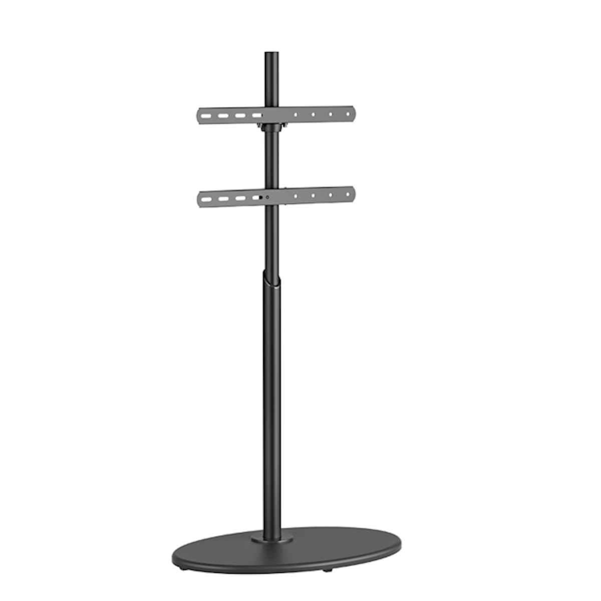 Black TV stand with adjustable height and oval base, on a white background.