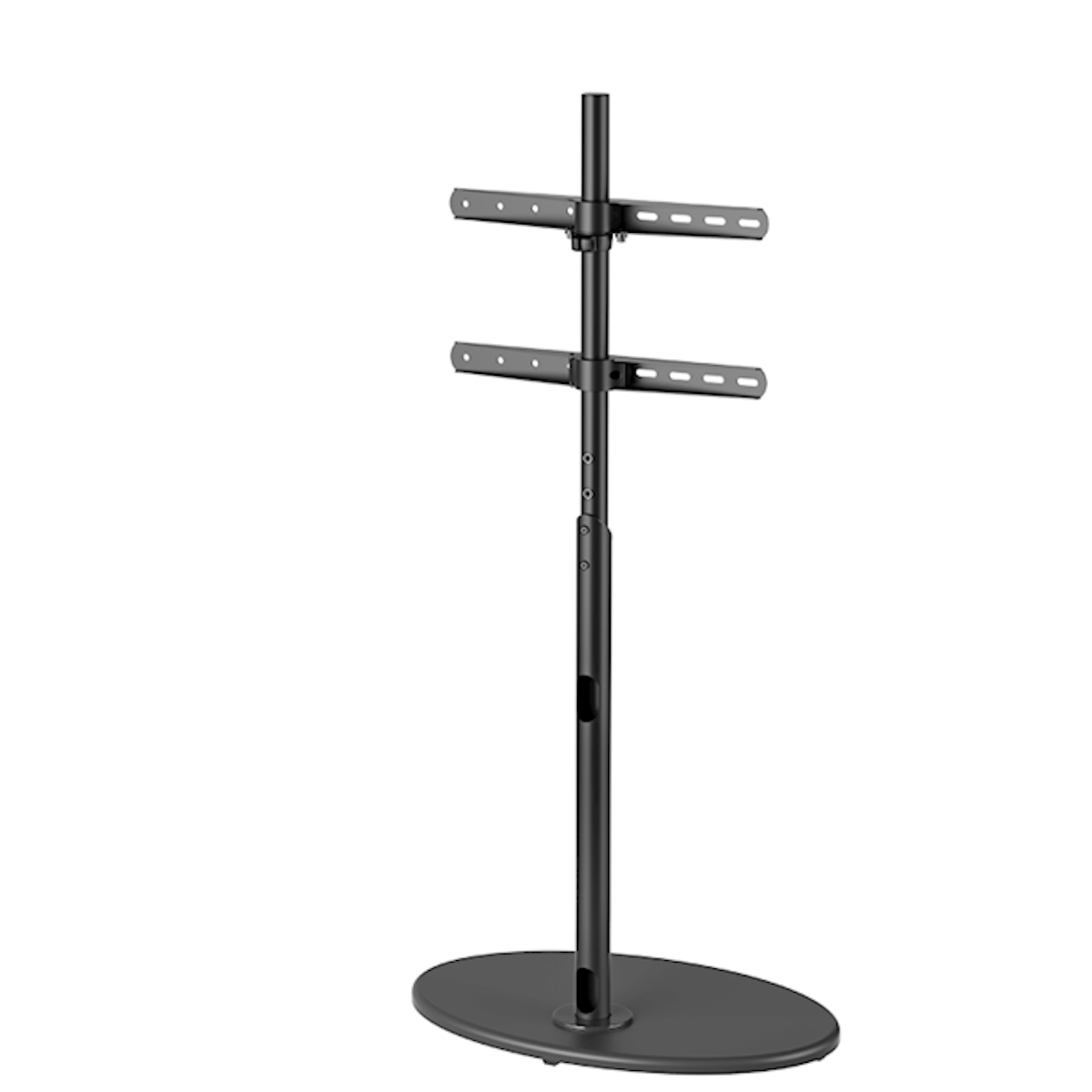 A black TV stand with a vertical pole and an oval base. Two horizontal bars for the TV.