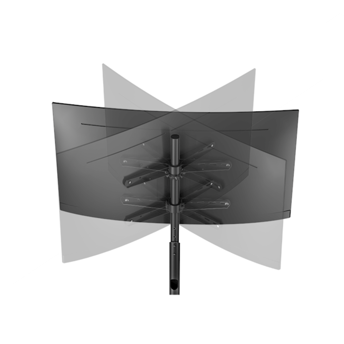 A curved TV stand with a black TV and a white background.