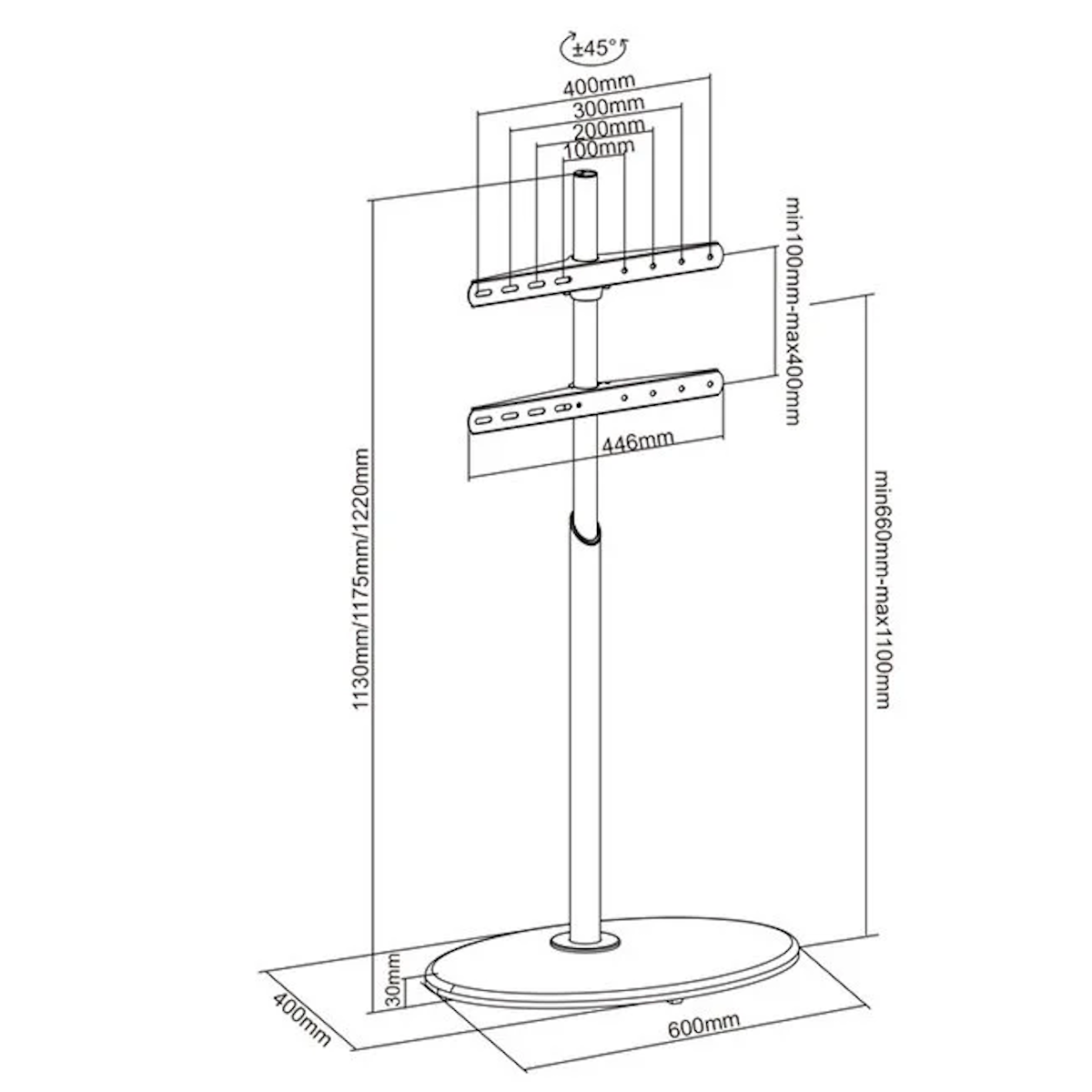 Technical drawing of a TV stand, showing dimensions and angles.