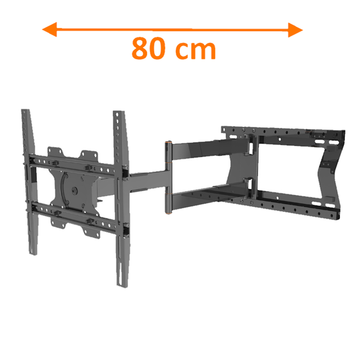 Support mural TV, gris, s'étend sur 80 cm. Possède un bras horizontal et des plaques de montage.