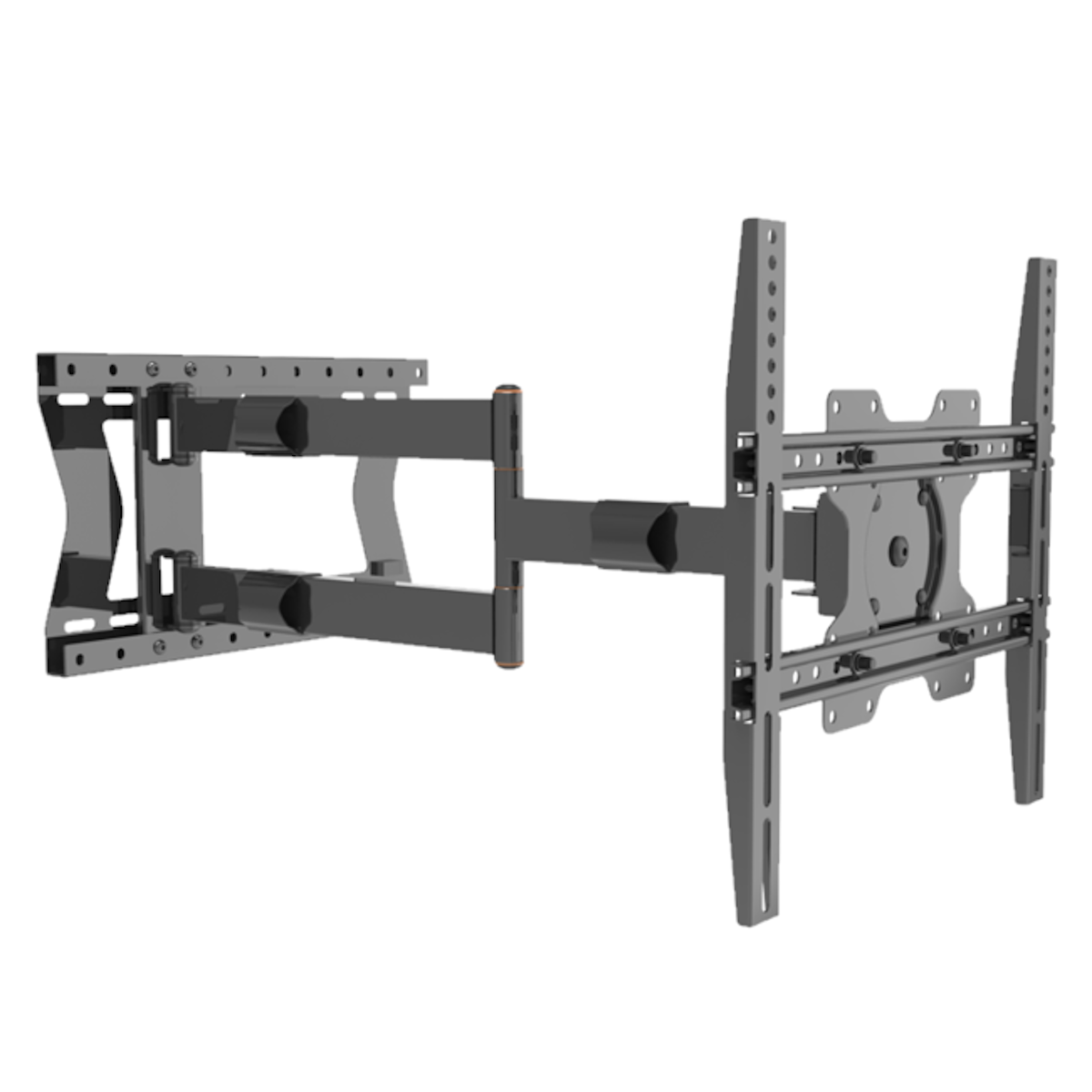 Support TV pivotant en gris foncé, montrant des bras extensibles.