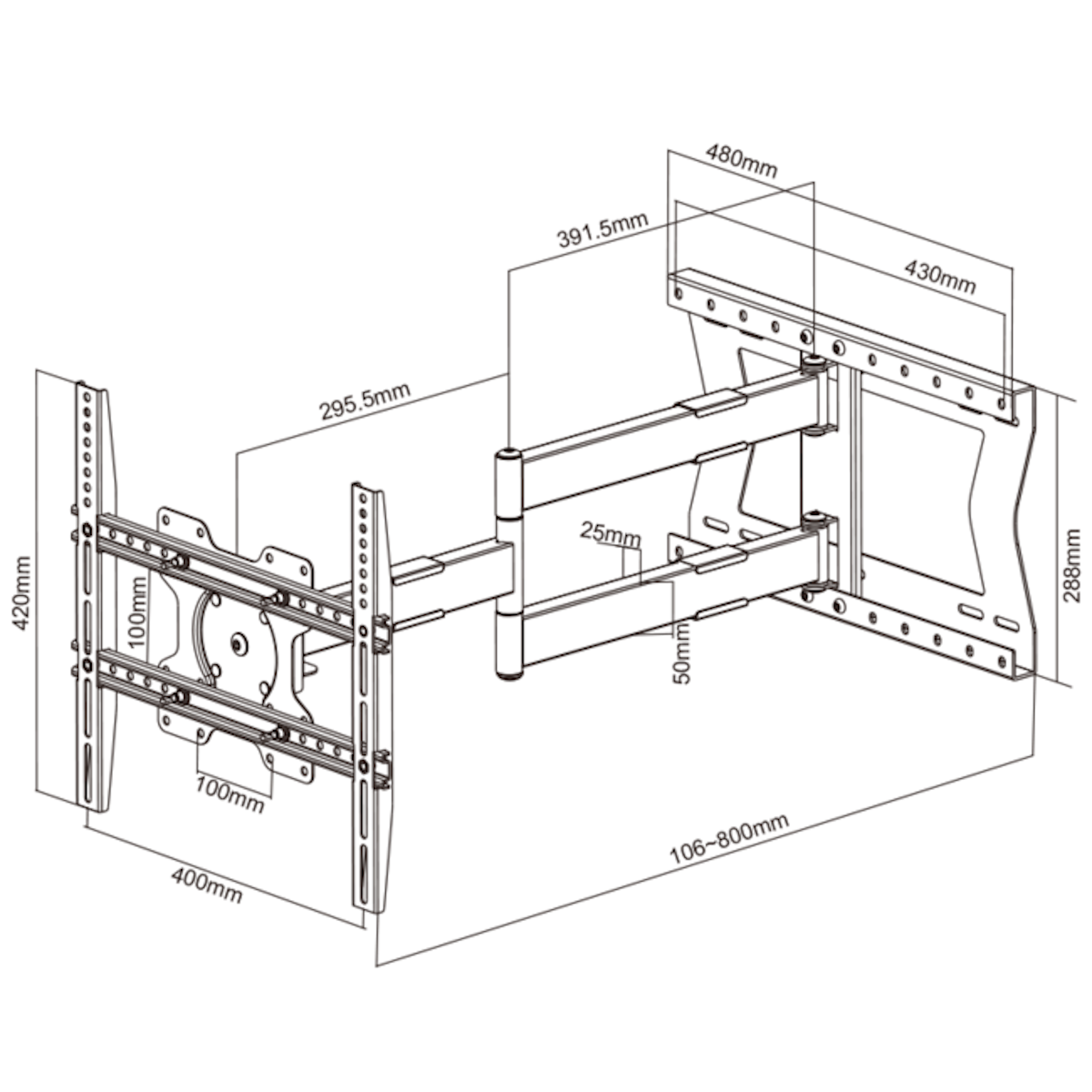 Dessin technique d'un support TV avec dimensions et annotations en mm.