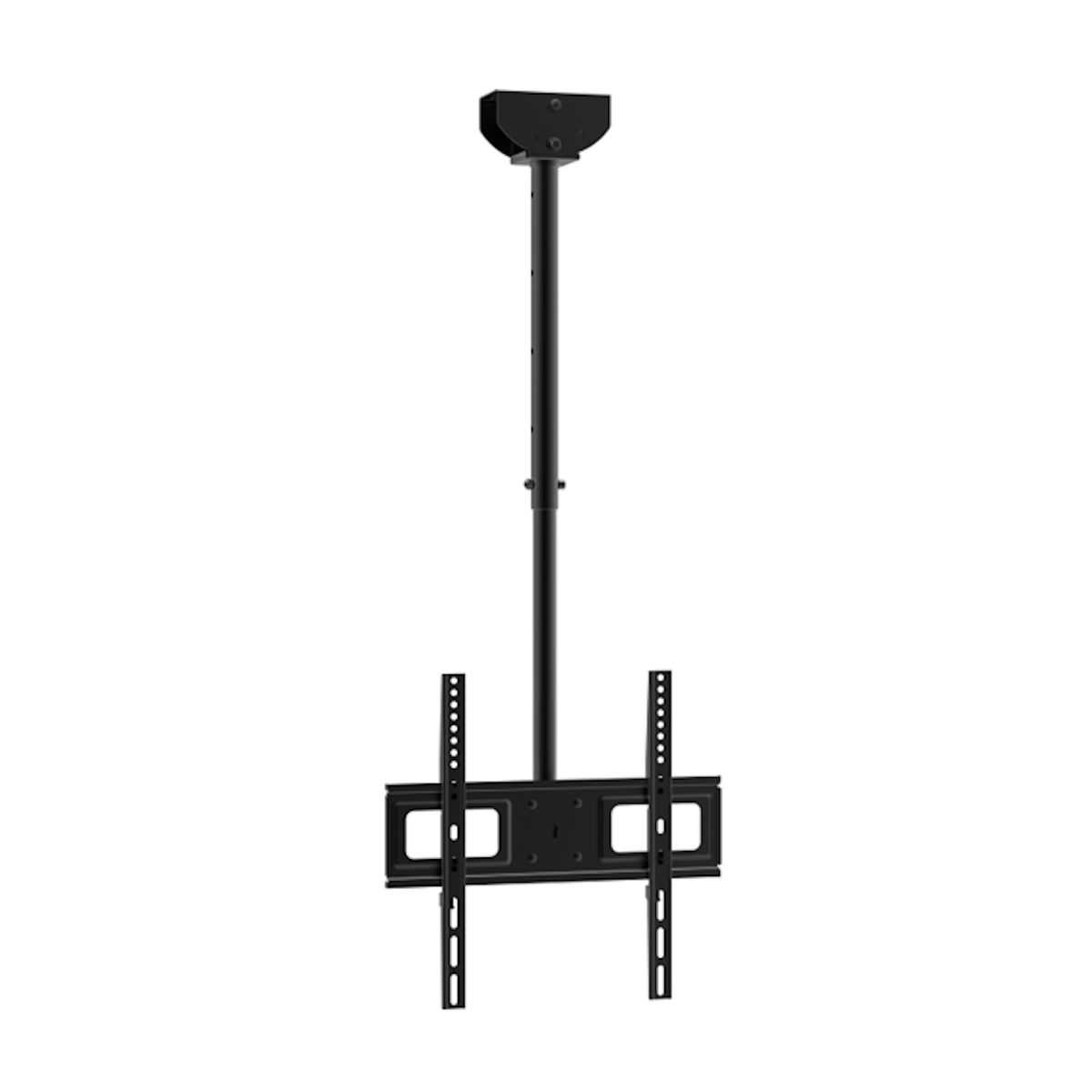 A black TV ceiling mount, with a long pole and brackets.