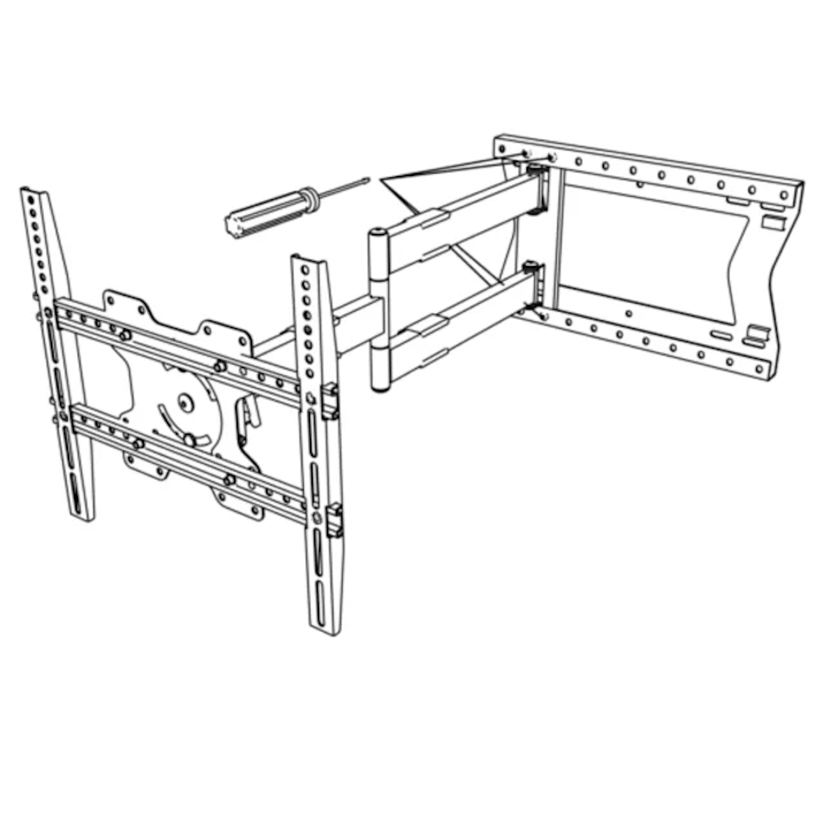 Line drawing of TV mounting parts. Includes brackets, a screwdriver and screws, all on a white background.