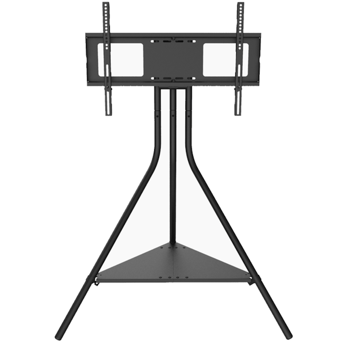 Black TV stand with a triangular base and a shelf, supporting a TV mount.