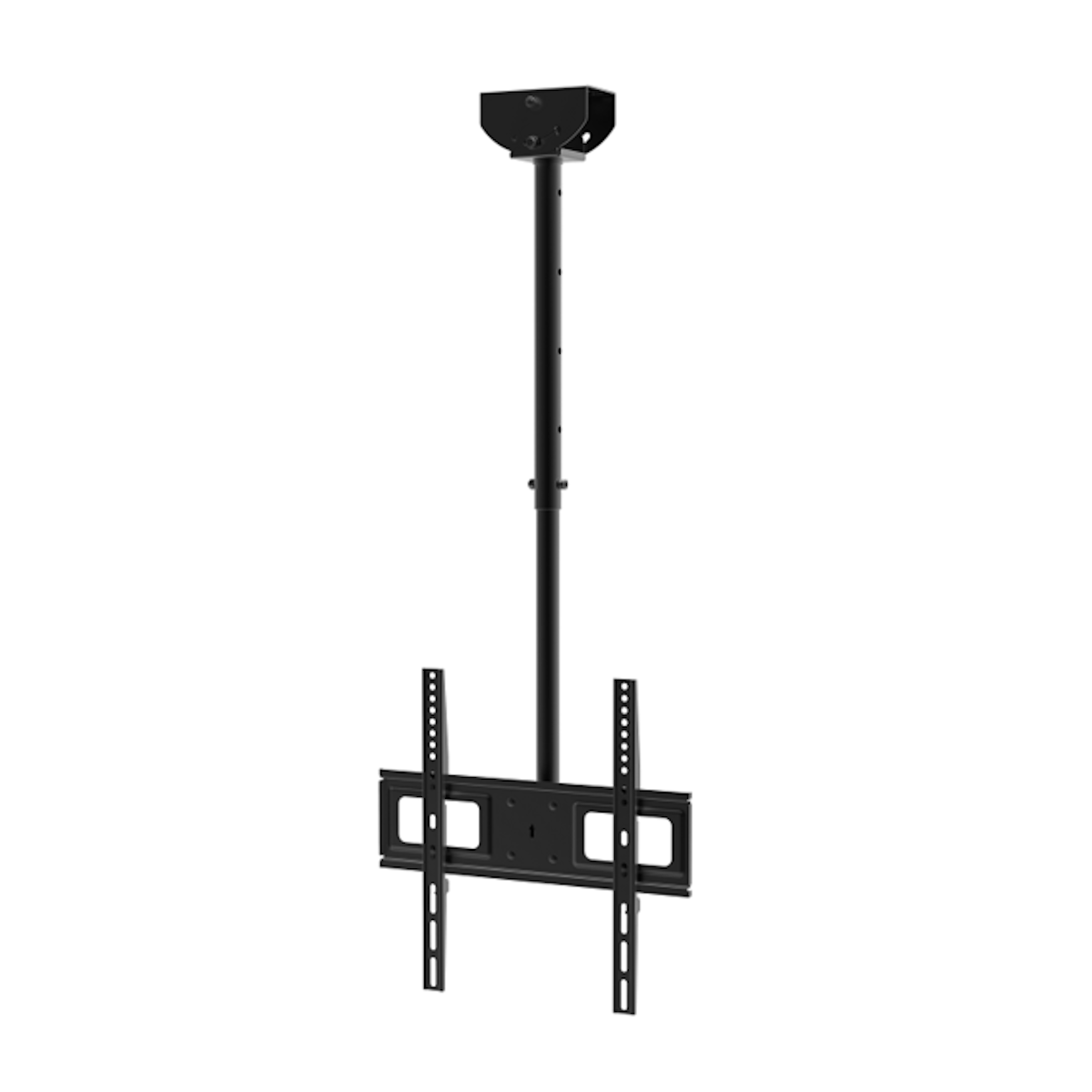 A black ceiling-mounted TV bracket. Minimalist design, with mounting hardware.