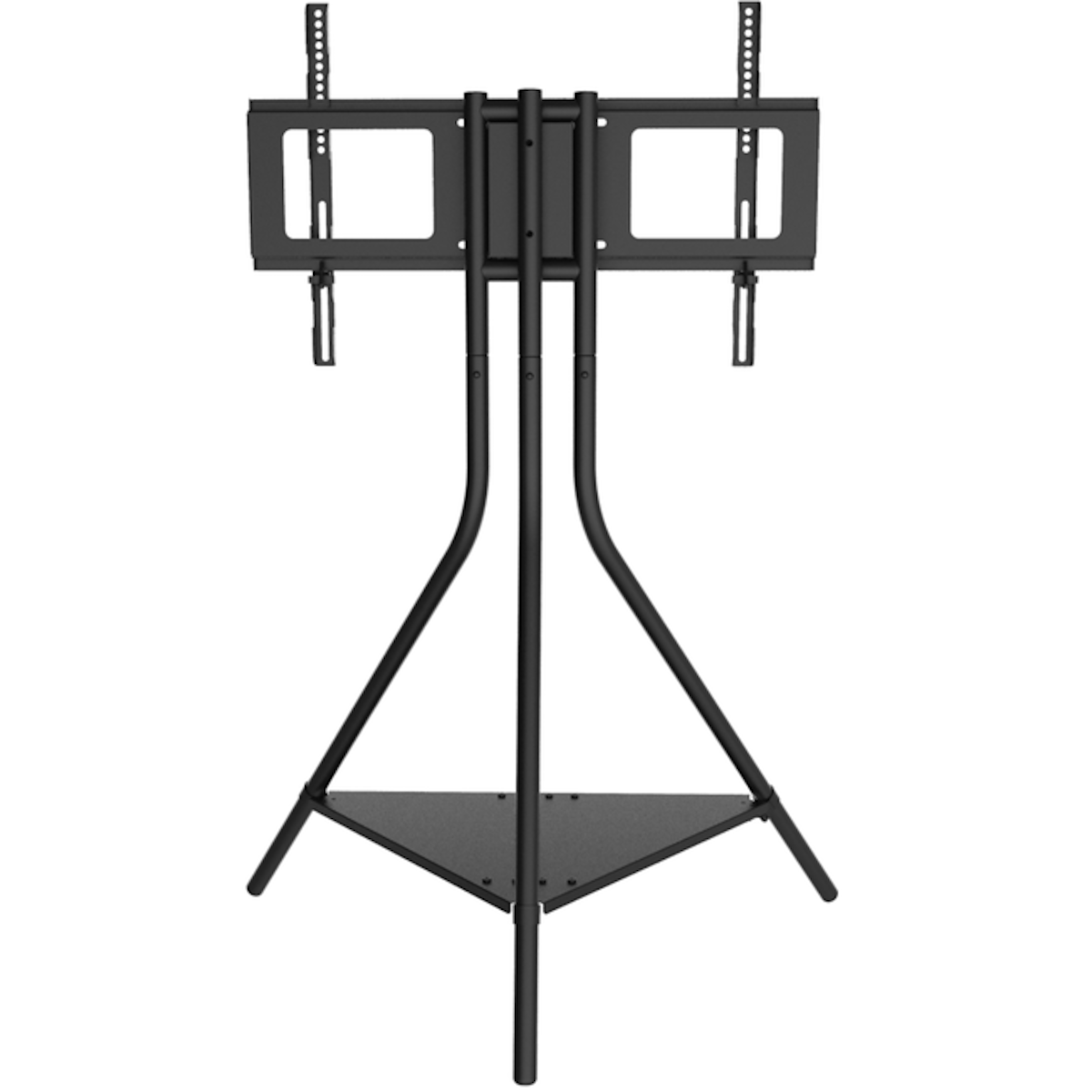 A black TV stand with a triangular base. The TV mounting area is at the top.