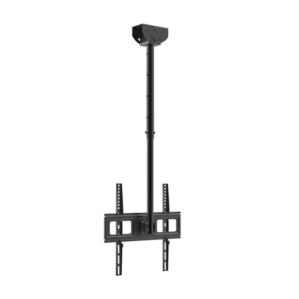 Black ceiling mount for TV, suspended from the ceiling, adjustable height.