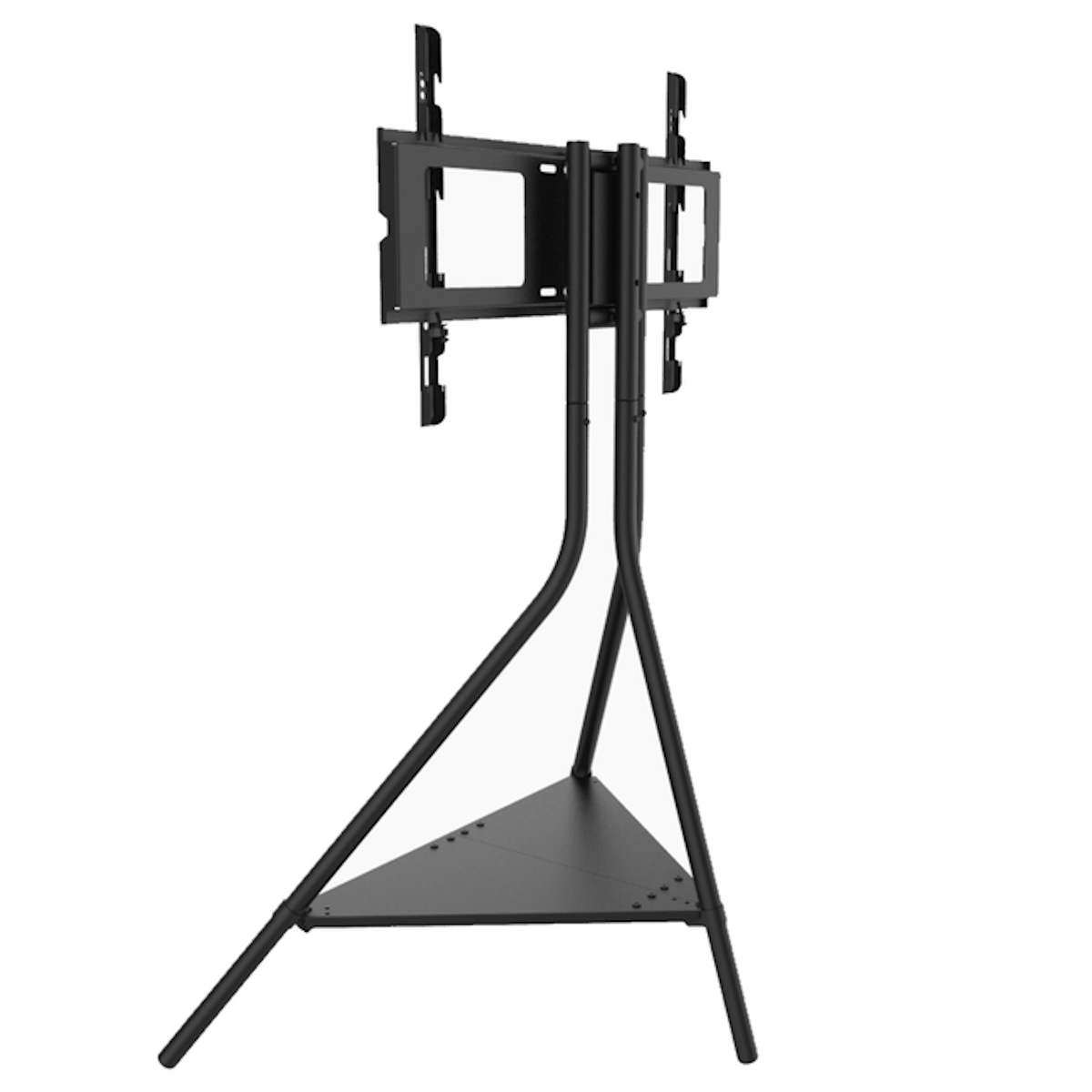 Black TV stand with a triangular base and support.
