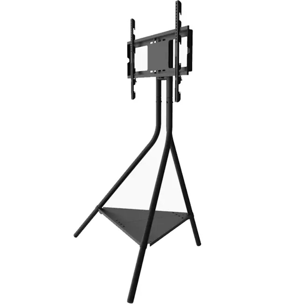 Black TV stand, tripod base with a triangular shelf, and a mounting bracket for a TV.