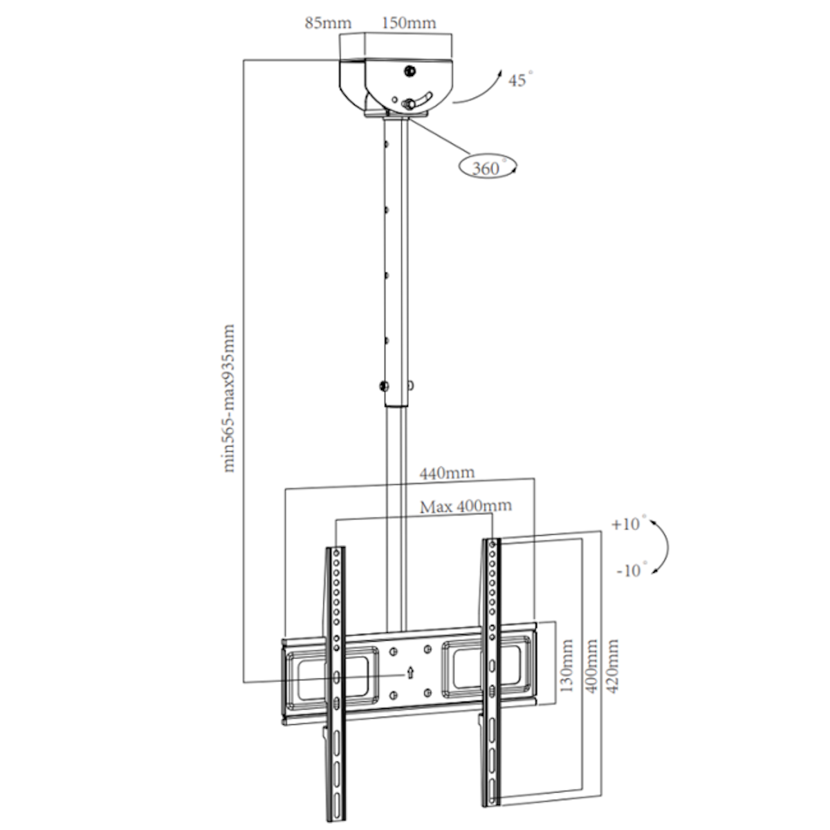 Diagram of a TV mount, with dimensions and angles.