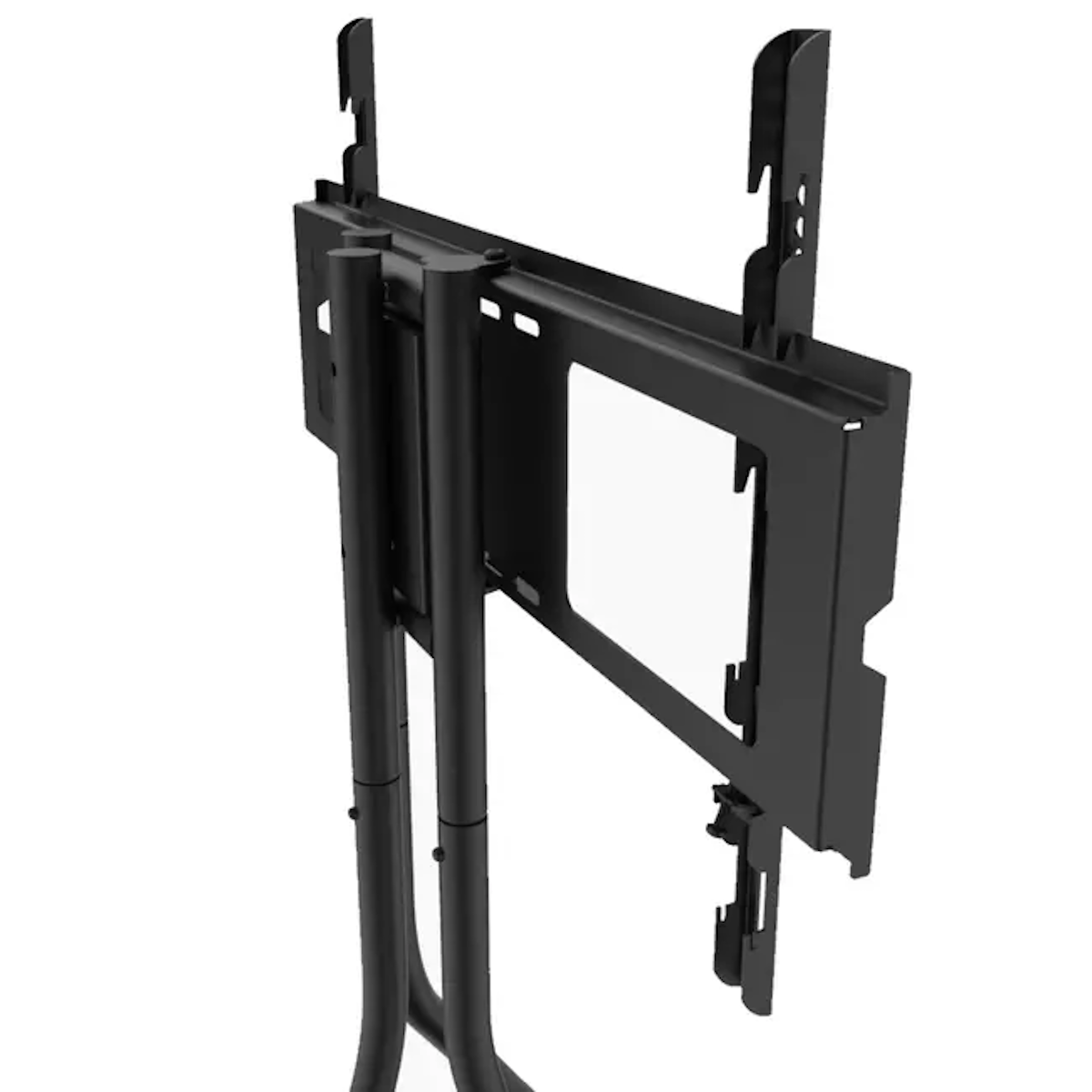 Black TV stand frame. Vertical support with mounting brackets for a TV.