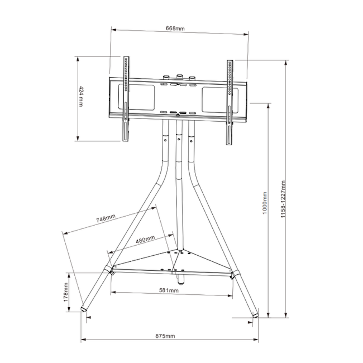 Diagram of a TV stand with measurements, including height and width dimensions.