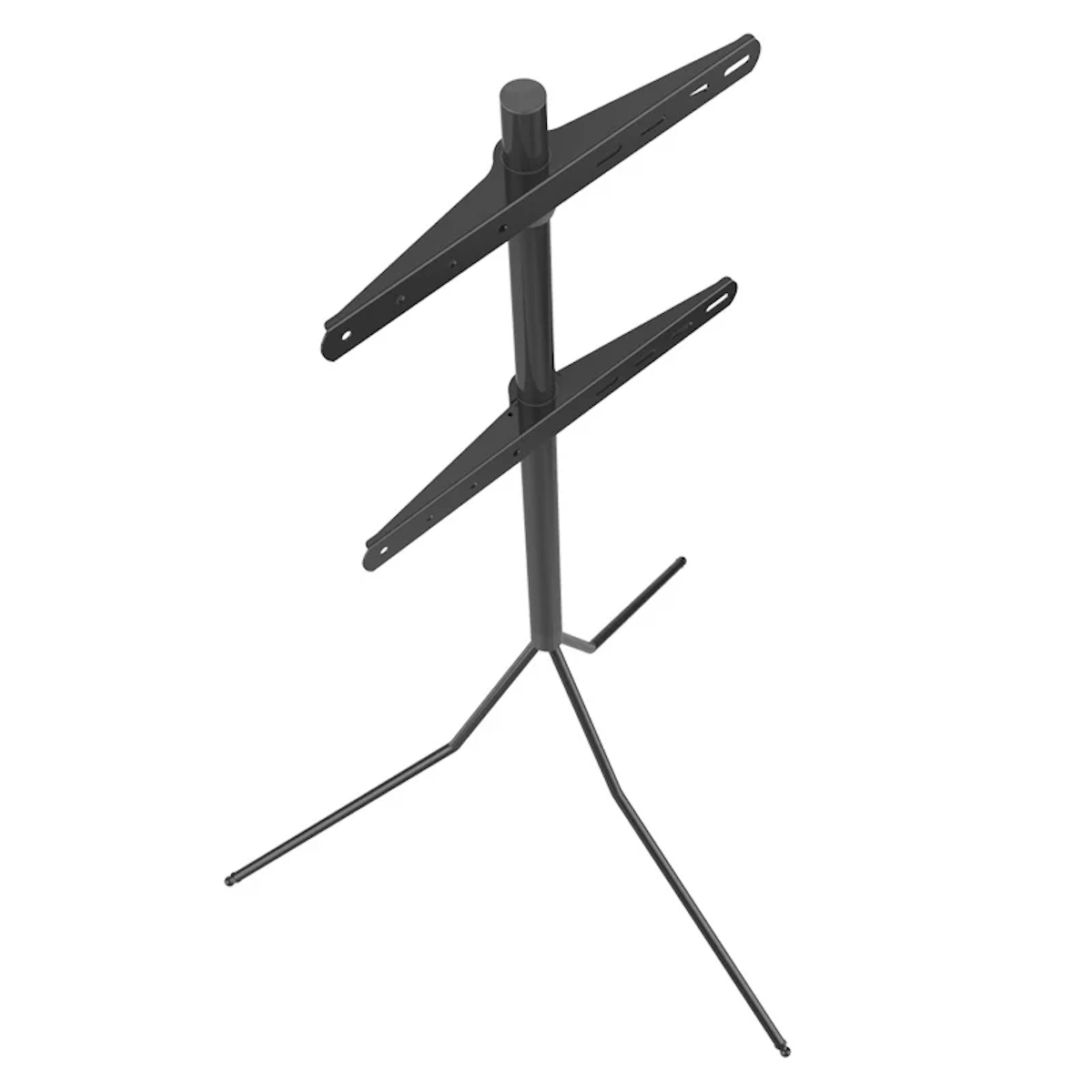 A black TV stand with two arms, on a white background. The design is a tripod base.