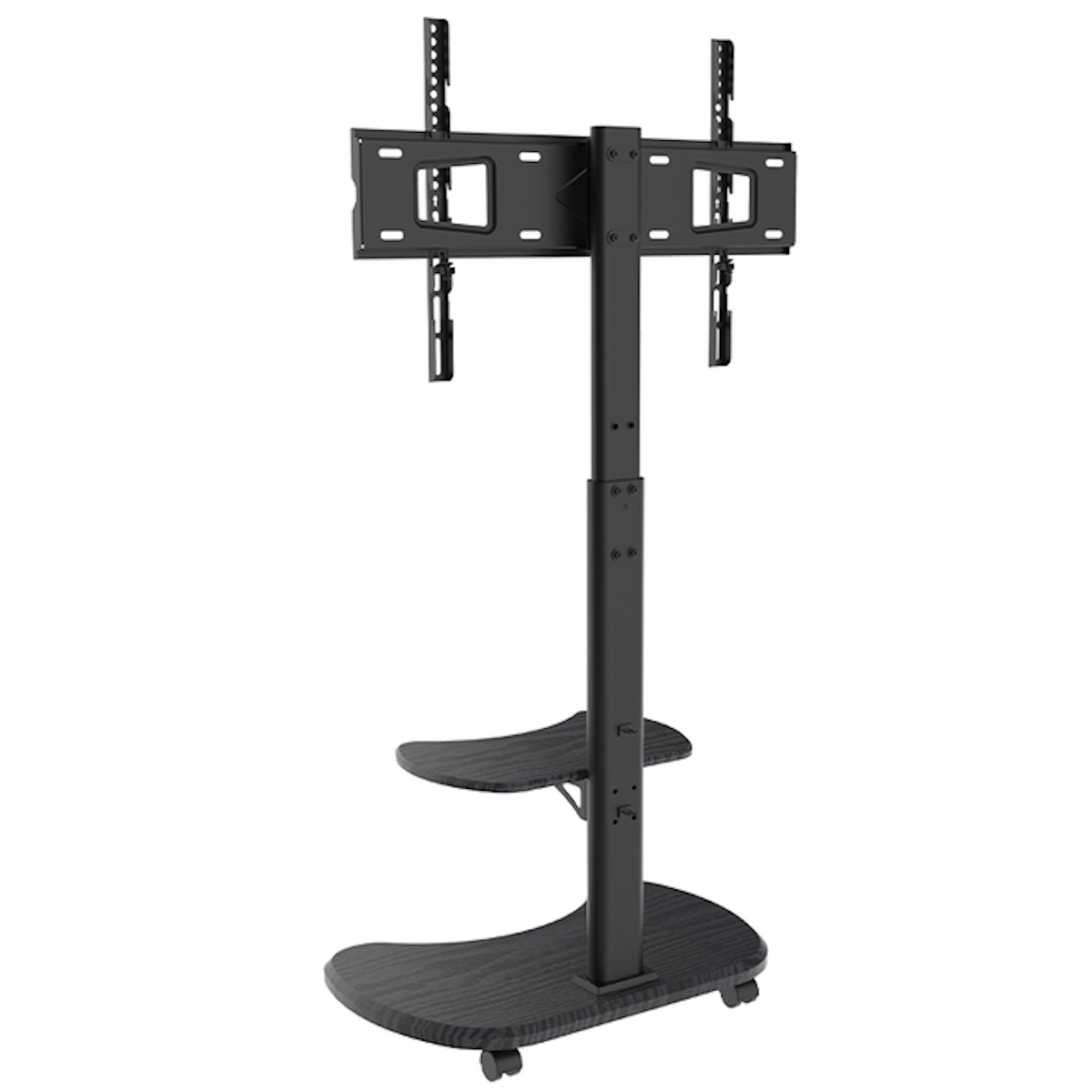 Black TV stand with two shelves and wheels, holding a TV mount.