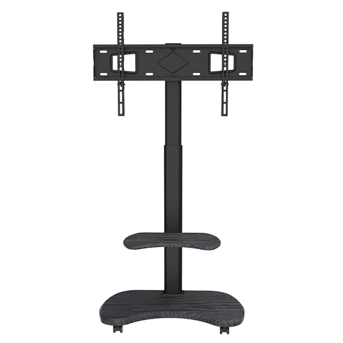 Black TV stand with two shelves. It has wheels and a bracket for mounting a TV.