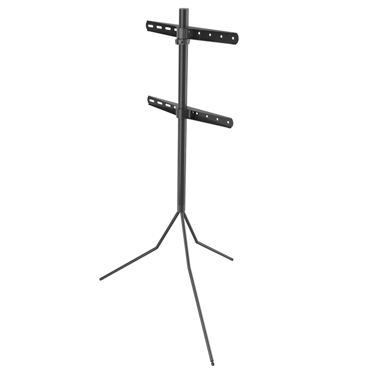 Black TV stand with a tripod base and a bracket to hold the TV.