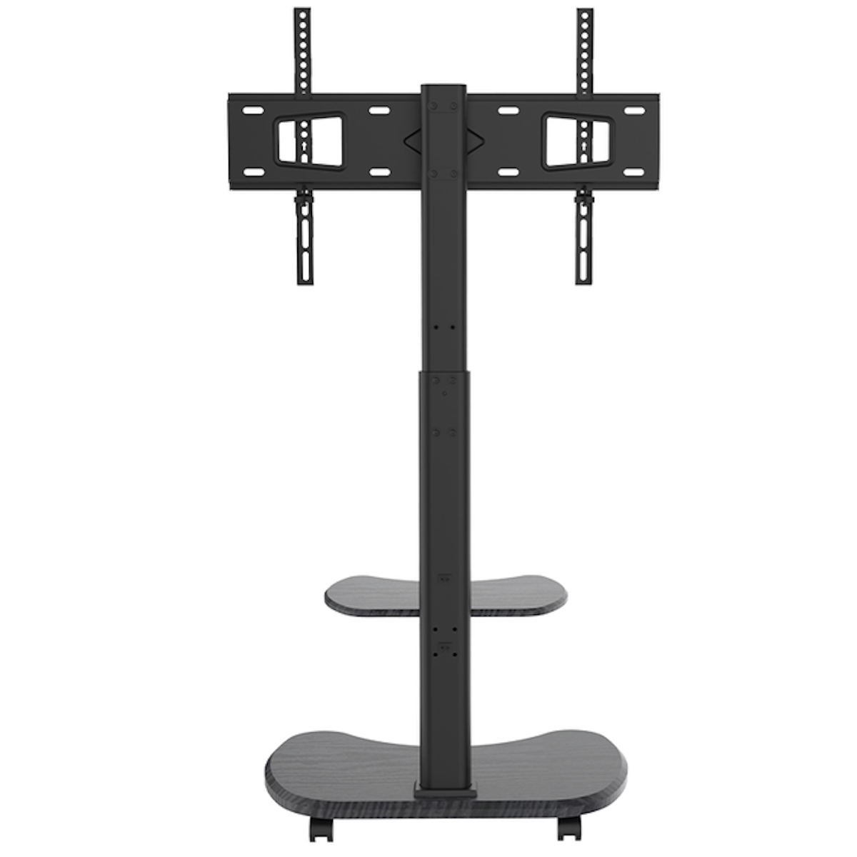 Black and gray TV stand with shelves and mounting brackets for a TV.