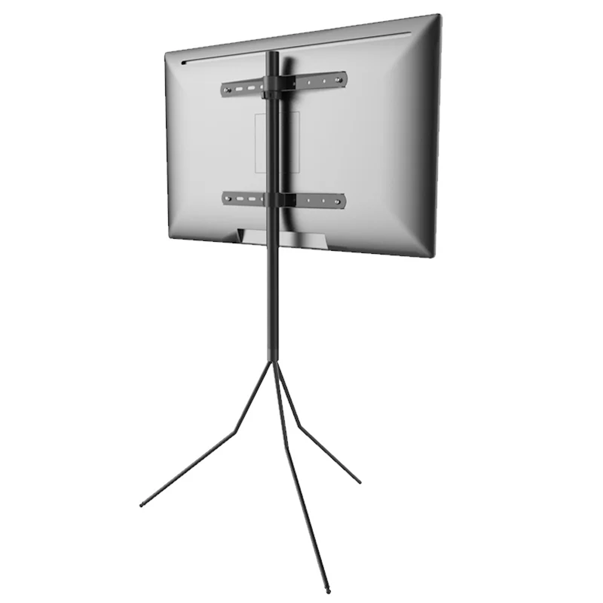 Back view of a TV on a tripod stand with a metal frame.