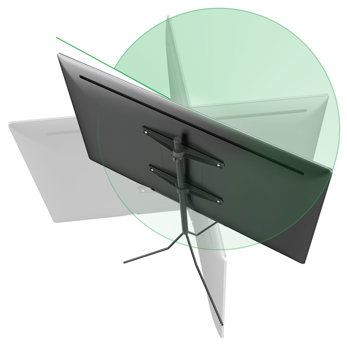 A modern TV stand with a black frame and three legs.