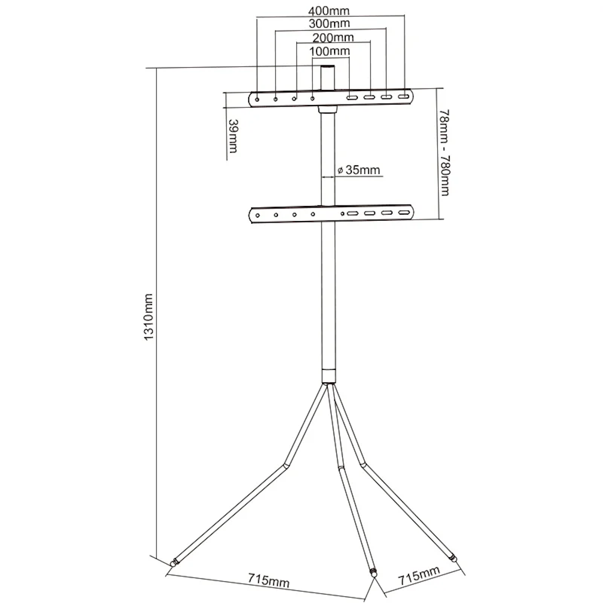Technical drawing of a TV stand. Measurements are shown. Stand has a tripod base and two shelves.