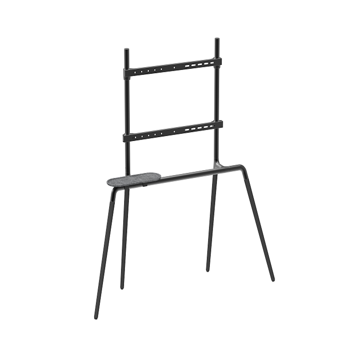 Black TV stand with a three-legged base. It has a shelf and a bracket to hold a TV.