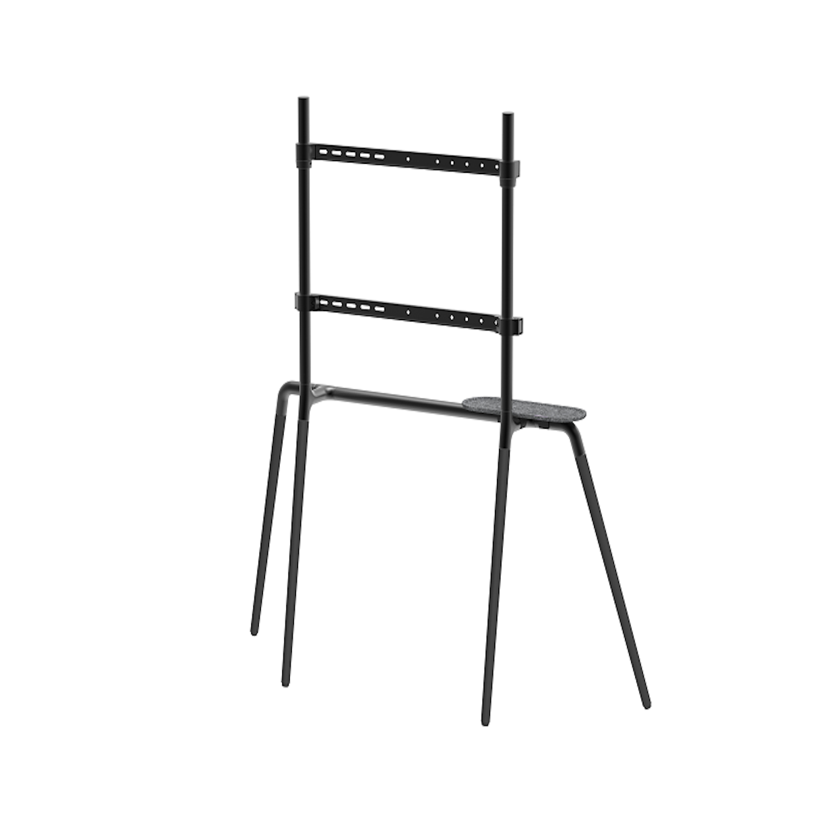 A black TV stand with a unique design. Features a small shelf and angled legs.