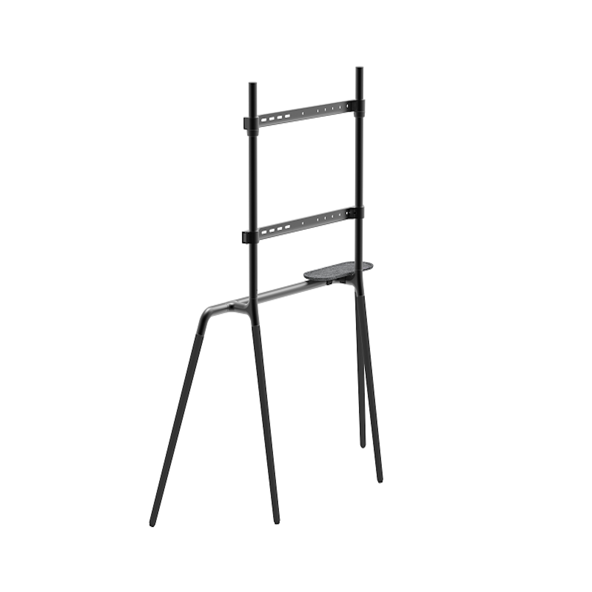 Black TV stand with tripod legs and a shelf.