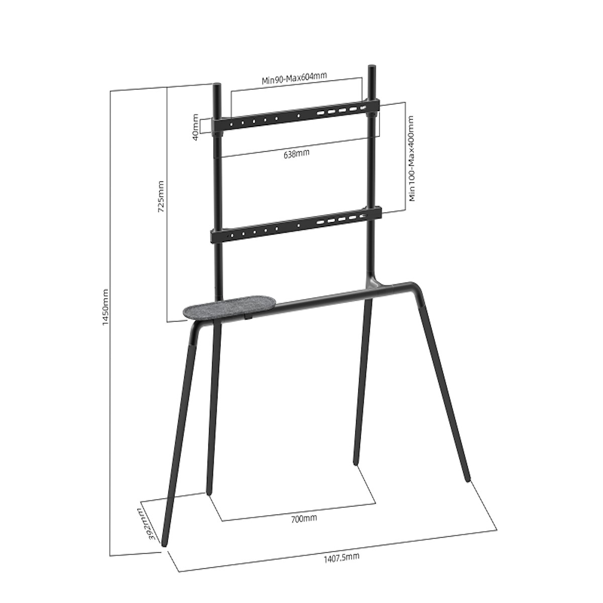 Diagram of a black TV stand with measurements in millimeters.