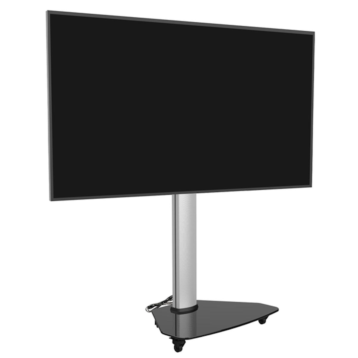 Un grand téléviseur à écran noir sur un support roulant. Le support est argenté et noir.