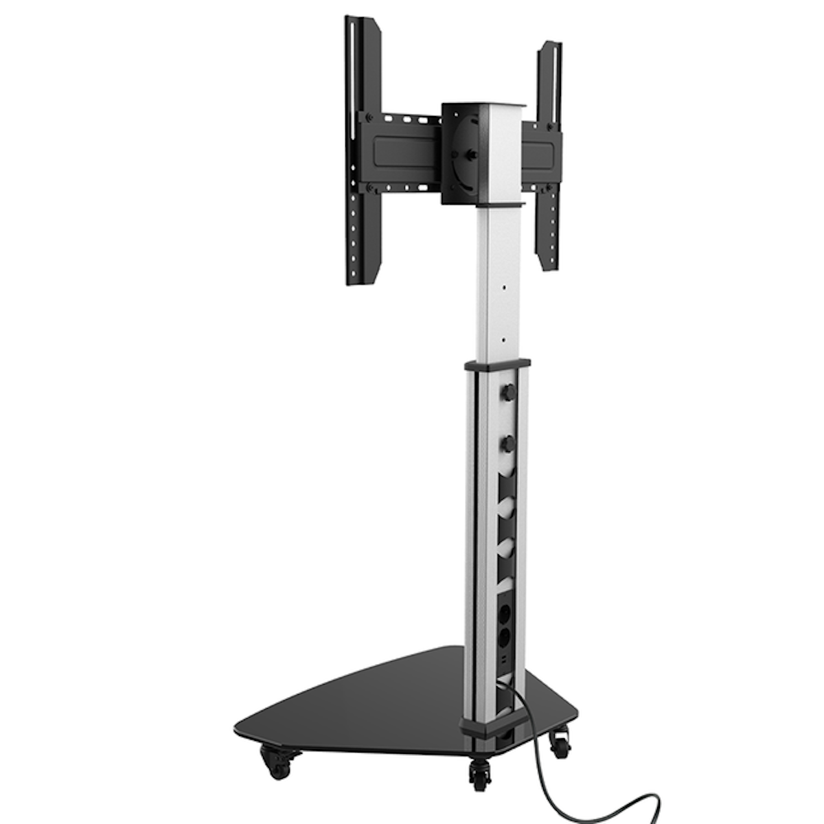 Un support TV avec une base noire, une colonne argentée et un support TV.