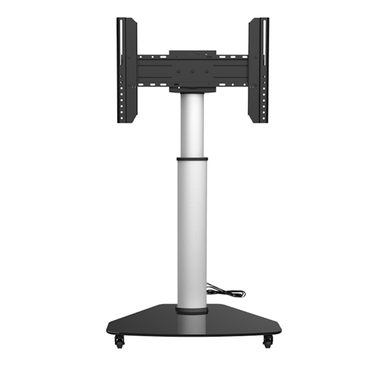 Support TV avec base noire et poteau argenté. Le support TV est en haut. Fond blanc.