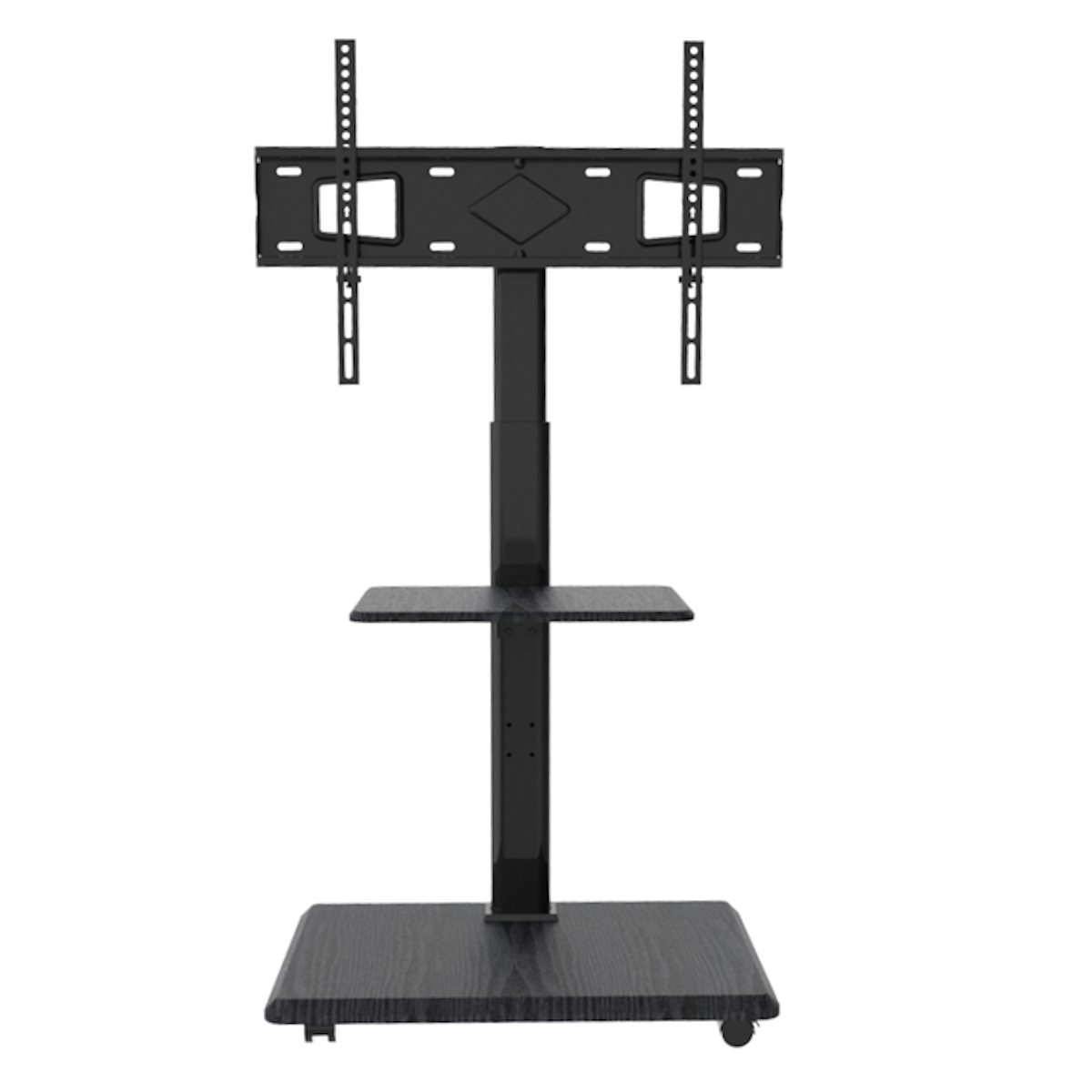 Een zwarte tv-standaard met een plank en een voet. Het heeft een tv-bevestiging.