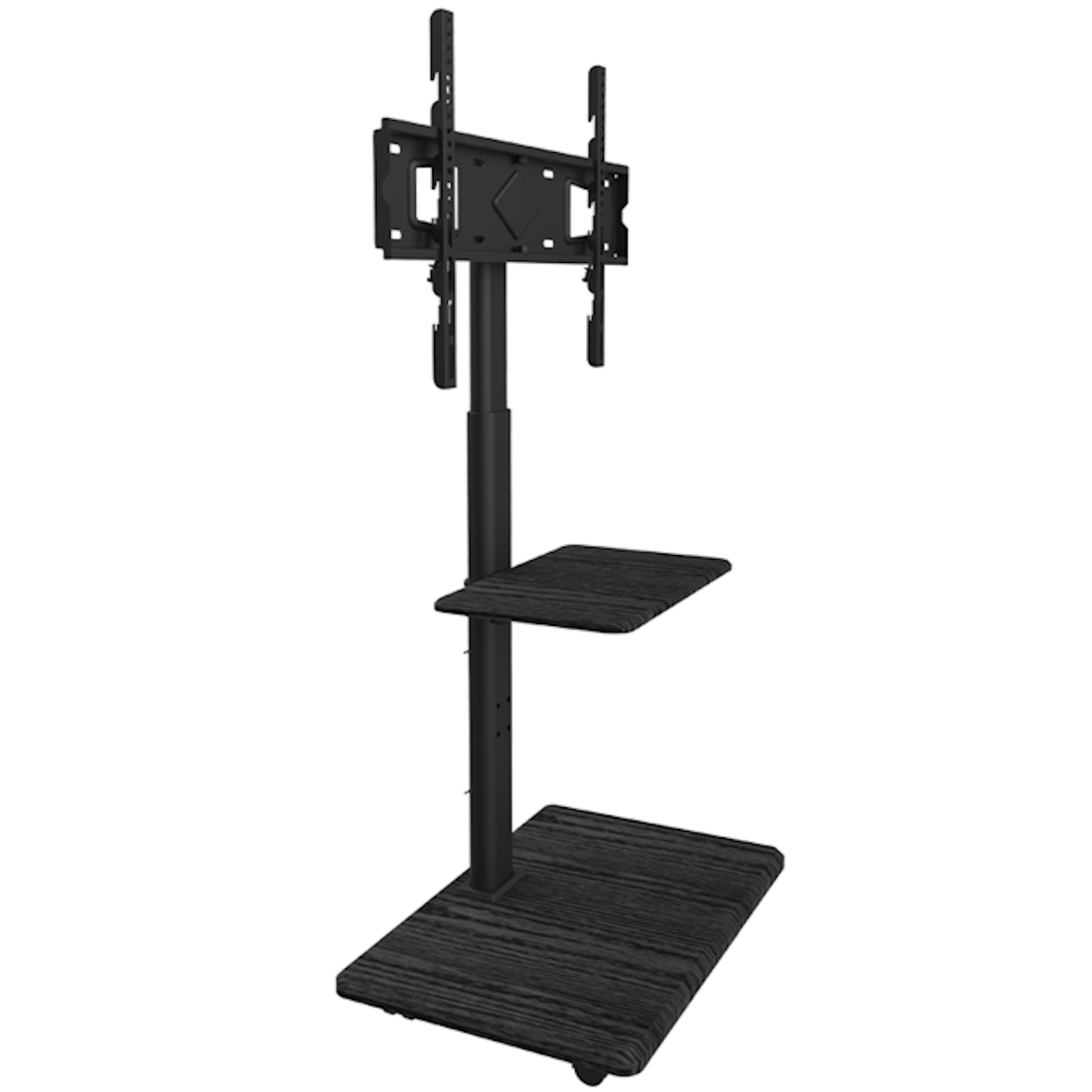 Een zwart en houten tv-standaard met een tv-beugel en een plank.