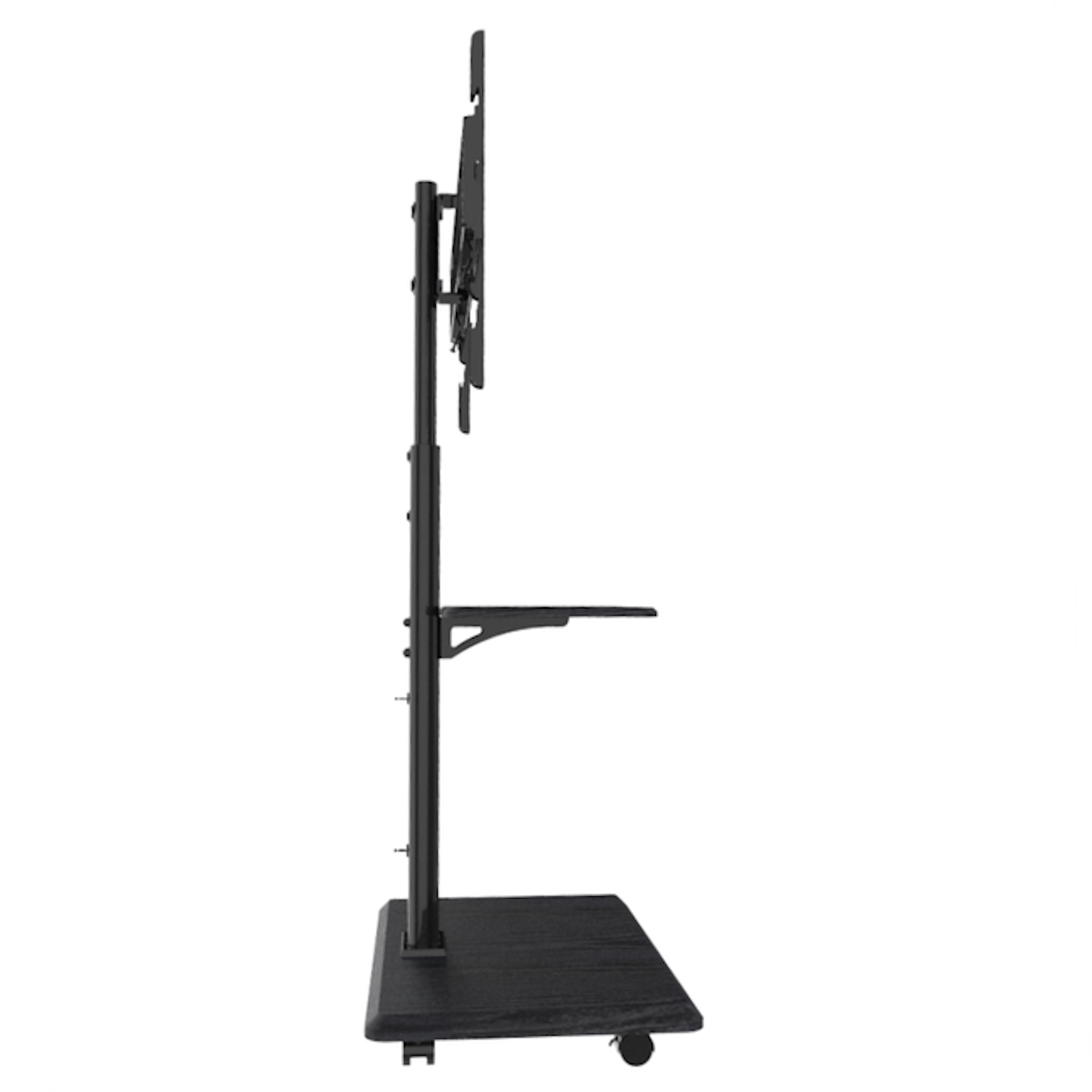 Een zwarte tv-standaard. Een plank en een schermbevestiging zijn zichtbaar.