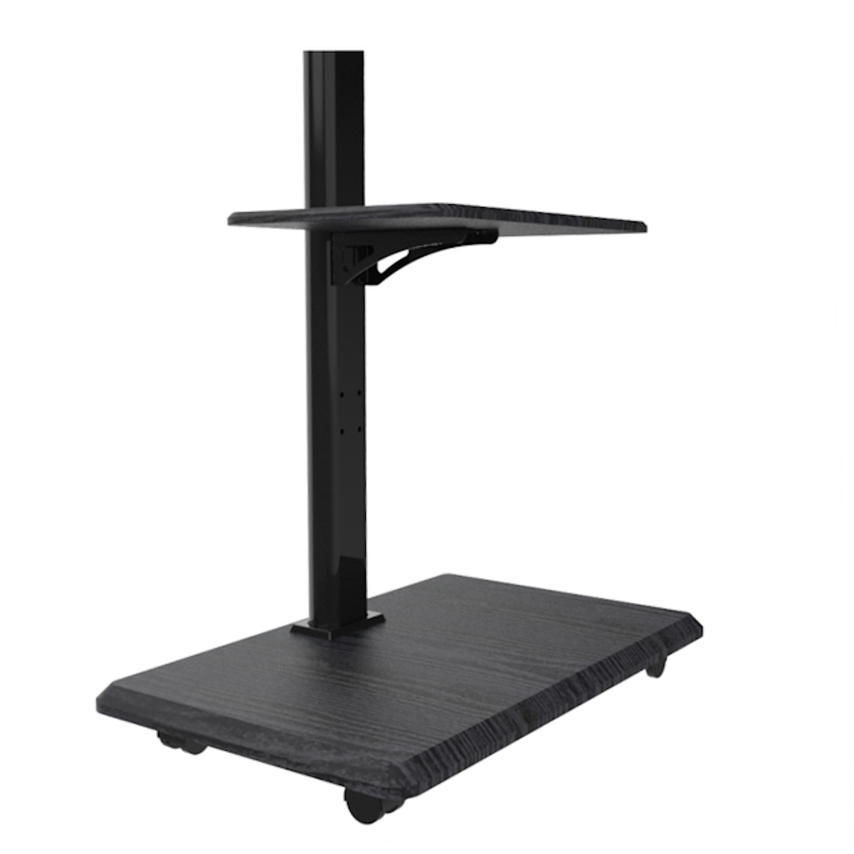 Een zwarte tv-standaard. Een plank is zichtbaar.