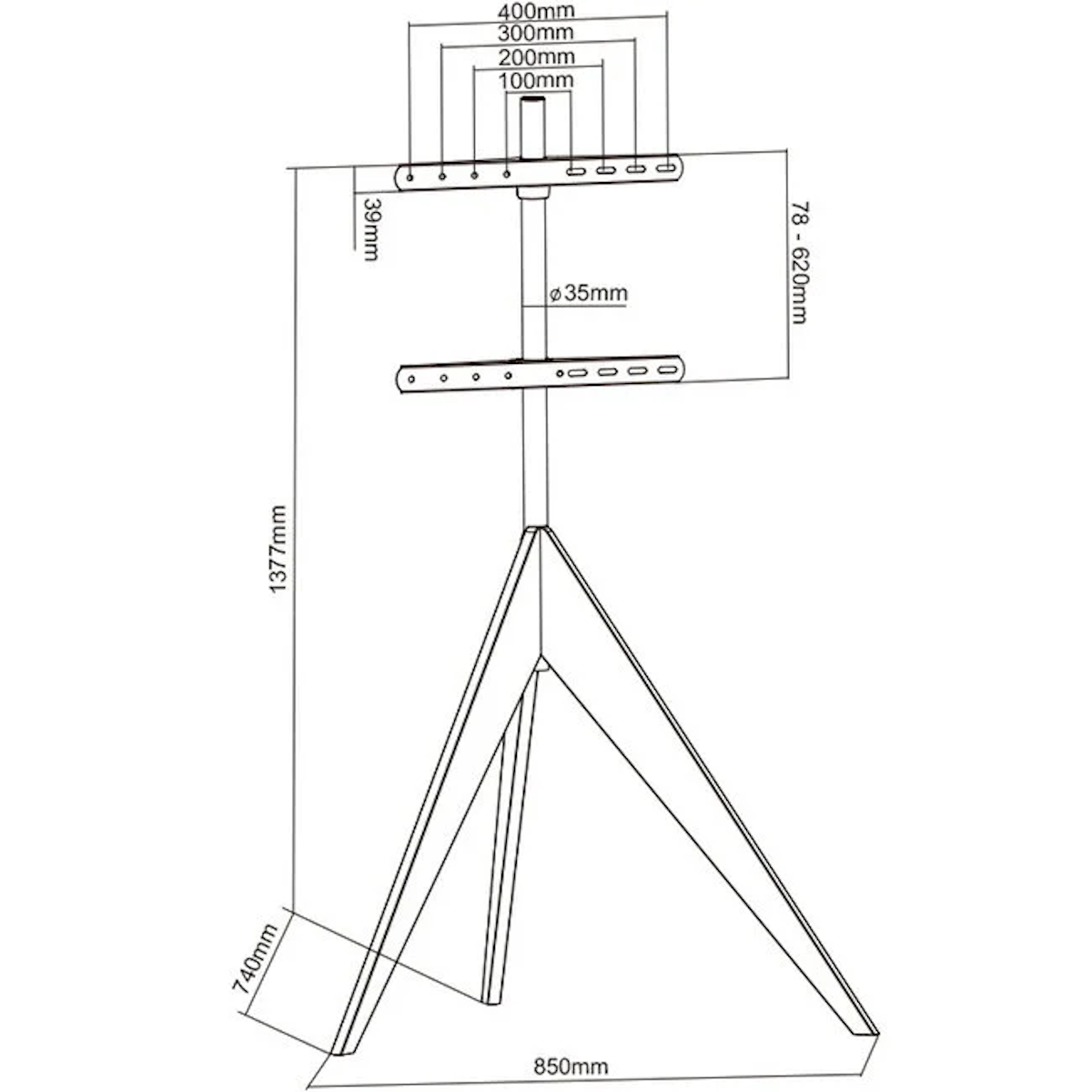 A TV stand with measurements in a white background.