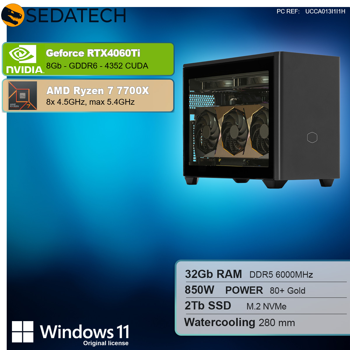 Czarna obudowa komputera z dwiema kartami graficznymi, naklejkami Nvidia i AMD Ryzen oraz info o komponentach.