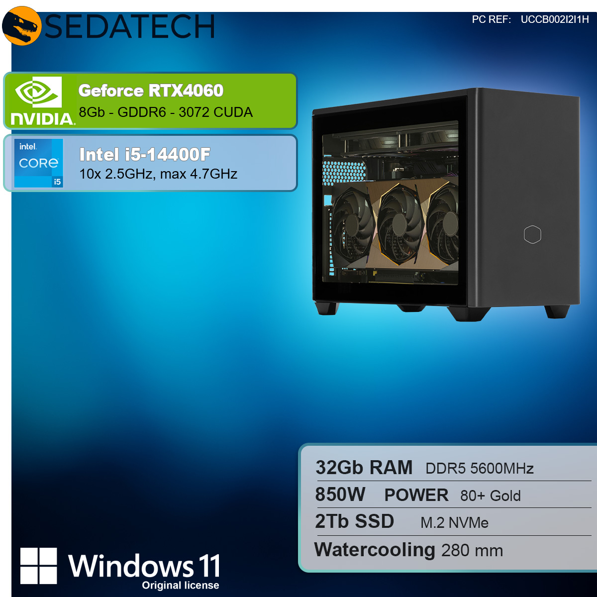 Czarna obudowa komputera z oknem, specyfikacje: 32 GB RAM, 850W Power, 2 TB SSD, Chłodzenie wodne, Windows 11.