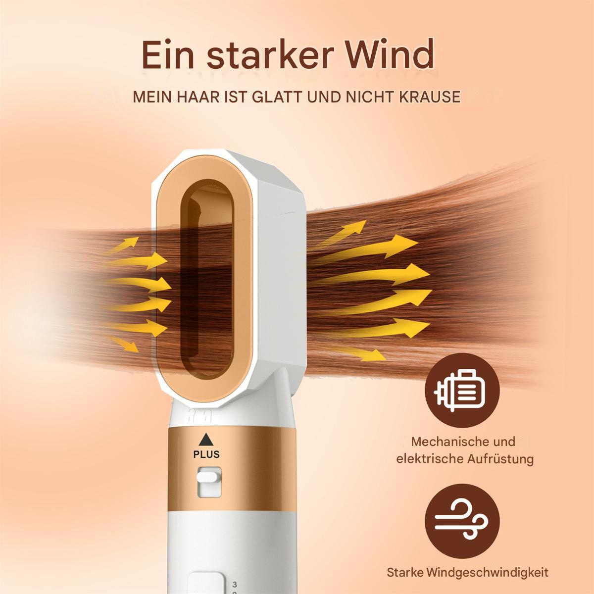 Haartrockner mit Pfeilen, die den Luftstrom zeigen. Braunes Haar wird weggeblasen.