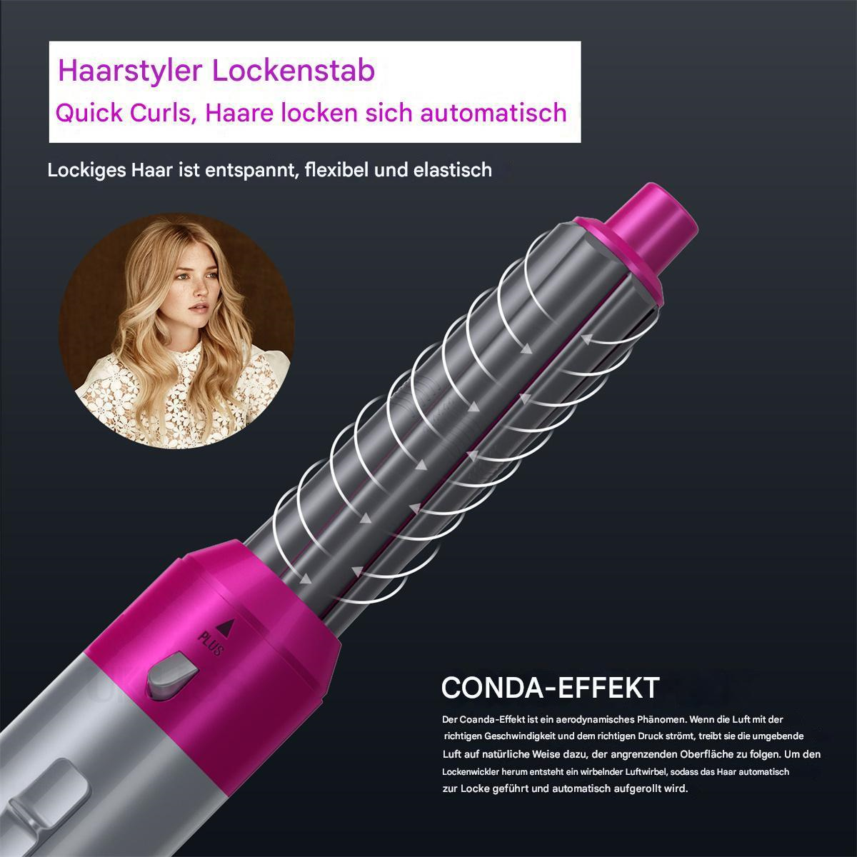 Haarstyler Lockenstab, rosa und silber, mit Frauenbild und Text über schnelle Locken und die 'CONDA-EFFEKT' Funktion.