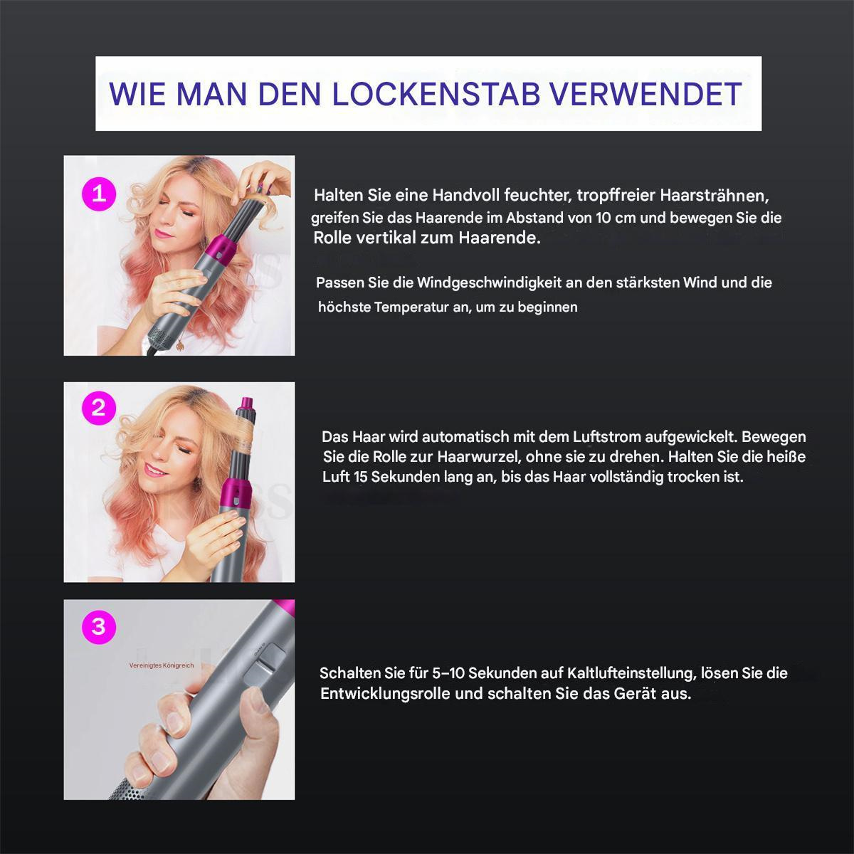 Anleitung zur Verwendung eines Lockenstabs. Eine Frau demonstriert die Schritte.