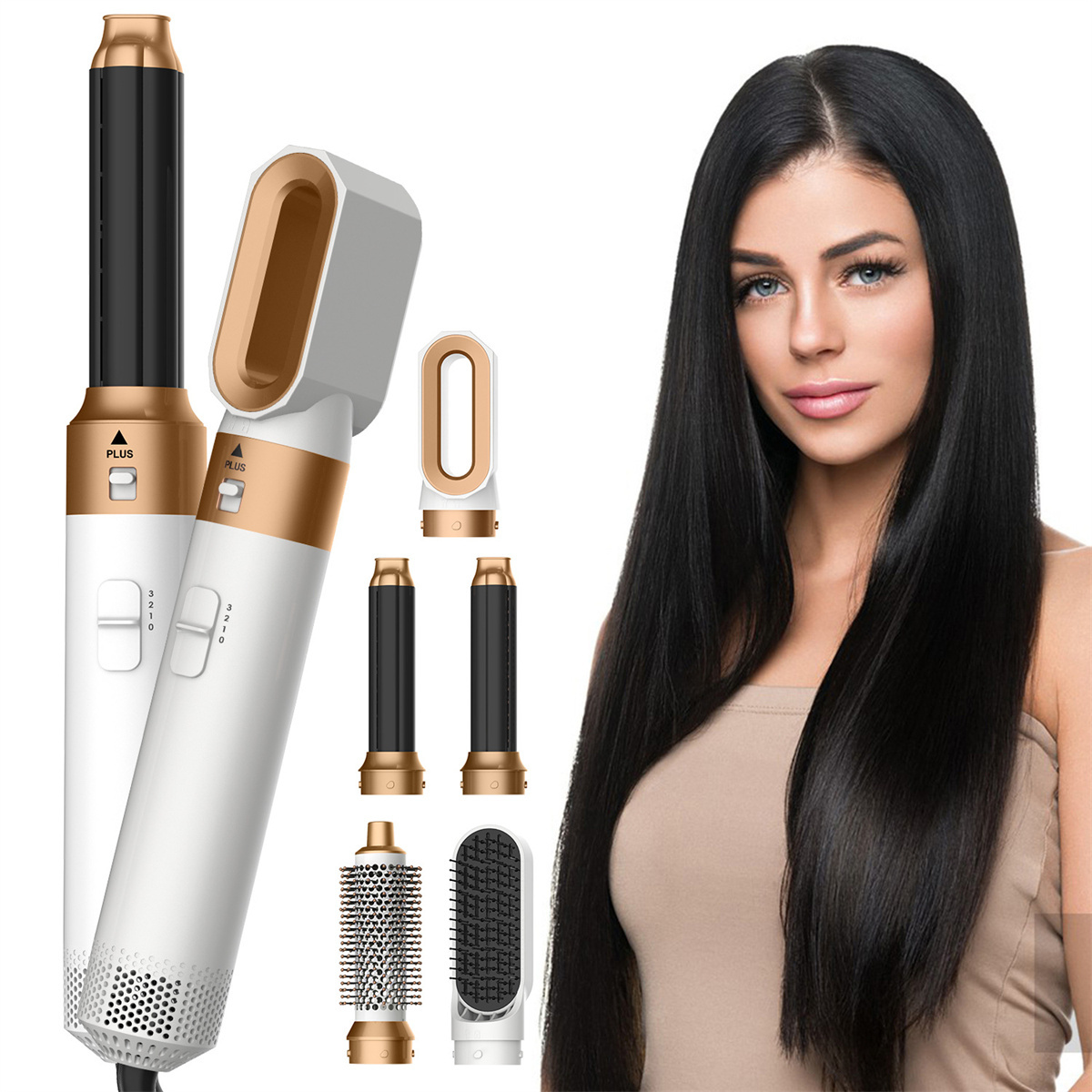 Frau mit Haarstyling-Werkzeugen und eine Frau mit glattem, schwarzem Haar.