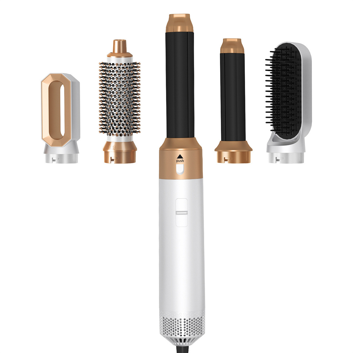 Haarstyler mit mehreren Aufsätzen, weißes und goldenes Farbschema, modernes Design.