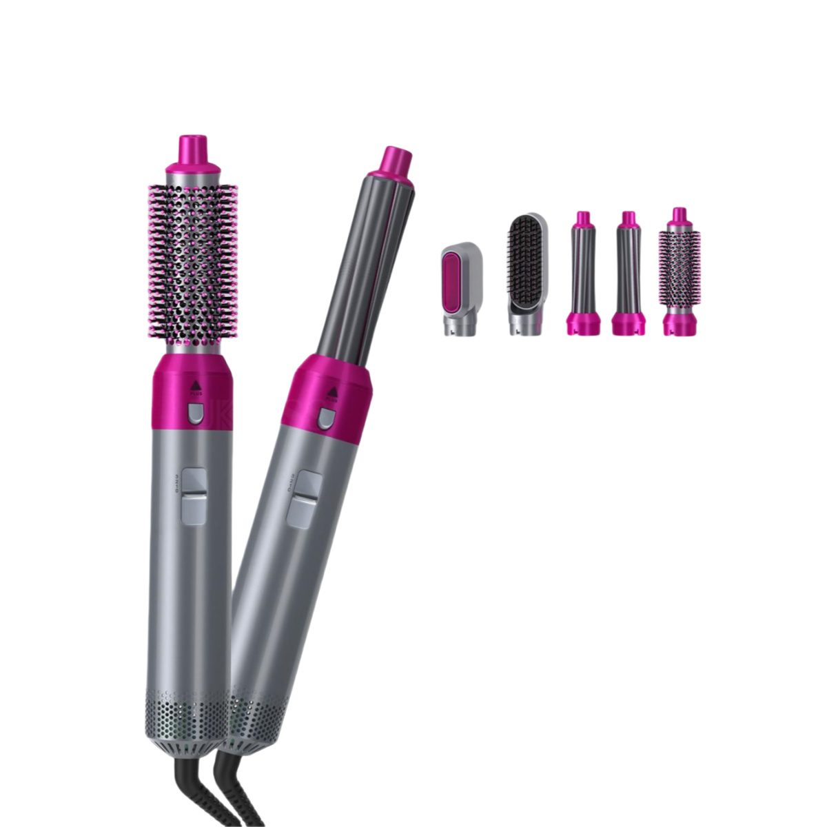 Ein graues und pinkes Haarstyling-Werkzeug mit mehreren Aufsätzen.