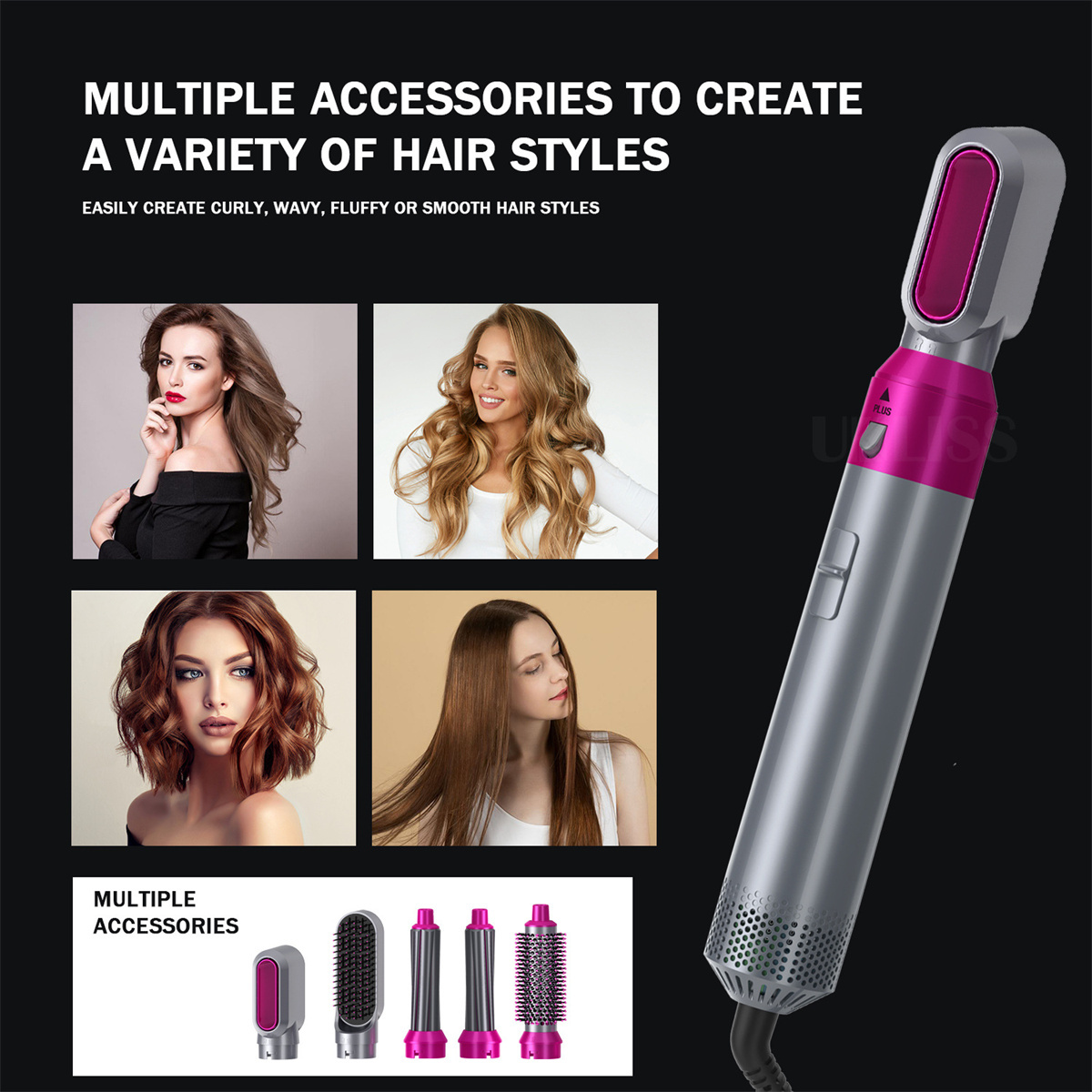 Haarstyling-Werkzeug mit verschiedenen Aufsätzen. Frauen mit verschiedenen Frisuren sind abgebildet. Produkte: Lockenstab, Bürste.